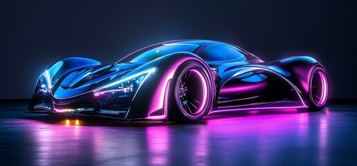 A futuristic, neon-lit sports car showcasing sleek design and advanced technology.