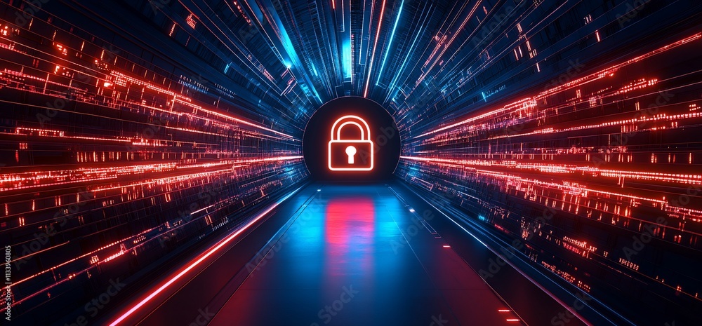 Poster a futuristic tunnel with a glowing lock symbol, representing cybersecurity.