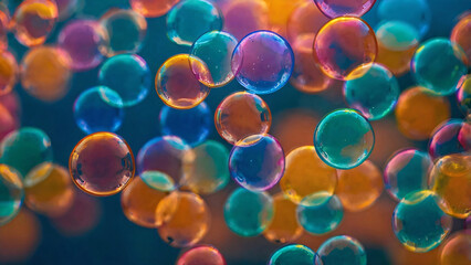 Closeup rainbow colored water beads with blurred background. Beautiful colorful transparent bubbles orbeez abstract backdrop for the magical and fantasy atmosphere.