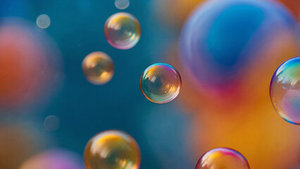 Closeup view of rainbow-colored bubbles in the air under blurred colorful background. Rainbow color water beads abstract backdrop for ads, wallpaper or banner.