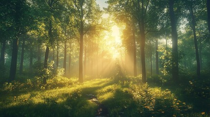 Fototapeta premium A cinematic shot of a misty forest at dawn, with sunlight filtering through the trees, creating a serene and mystical background.