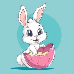 There is a white rabbit currently sitting comfortably inside a pink egg