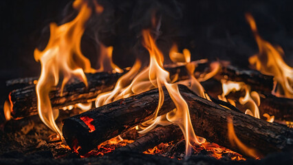 Closeup of bonfire with burning hot wooden logs and bright flames. Perfect design elements for fire danger warning notice.