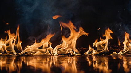 Closeup of fire flames with the reflection on the greasy floor in dark background. Perfect design elements for fire danger warning notice.