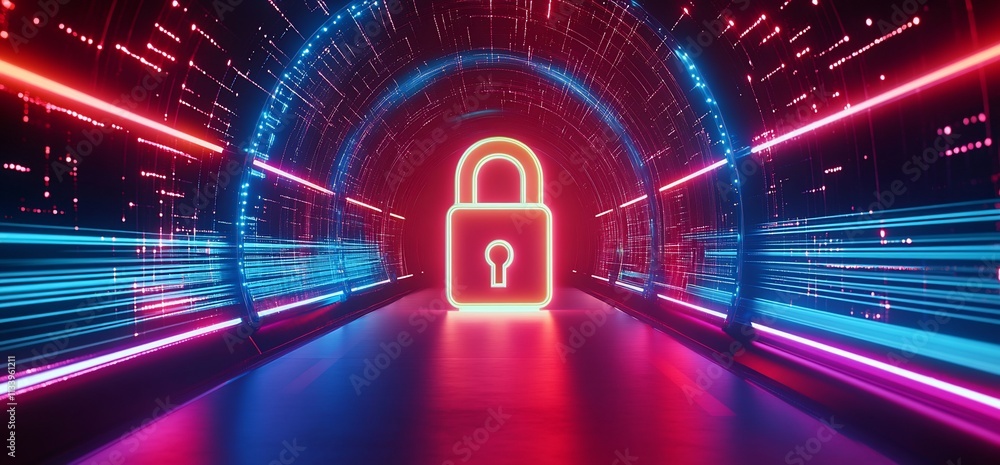 Poster a glowing padlock in a futuristic tunnel representing security and technology.