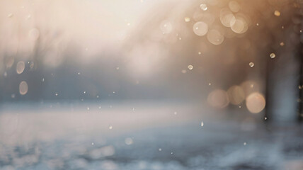 Dreamy snowfall in bokeh effect. Blur nature background of soft snowflakes falling in a serene Christmas winter atmosphere.
