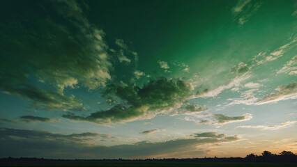 A serene turquoise green sky at dusk with delicate clouds. Beautiful dreamy nature landscape background design for wallpaper, header and banner.