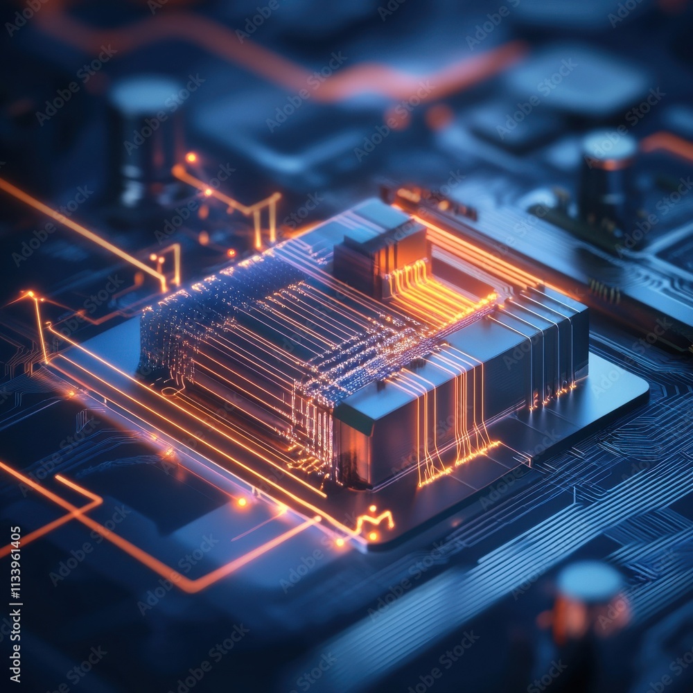Poster close-up view of advanced circuit board with glowing connections and microchip producing a futuristi