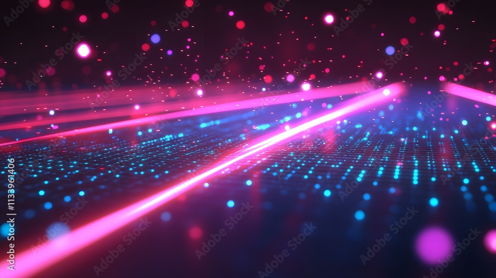 Poster abstract digital background with glowing lines and particles.