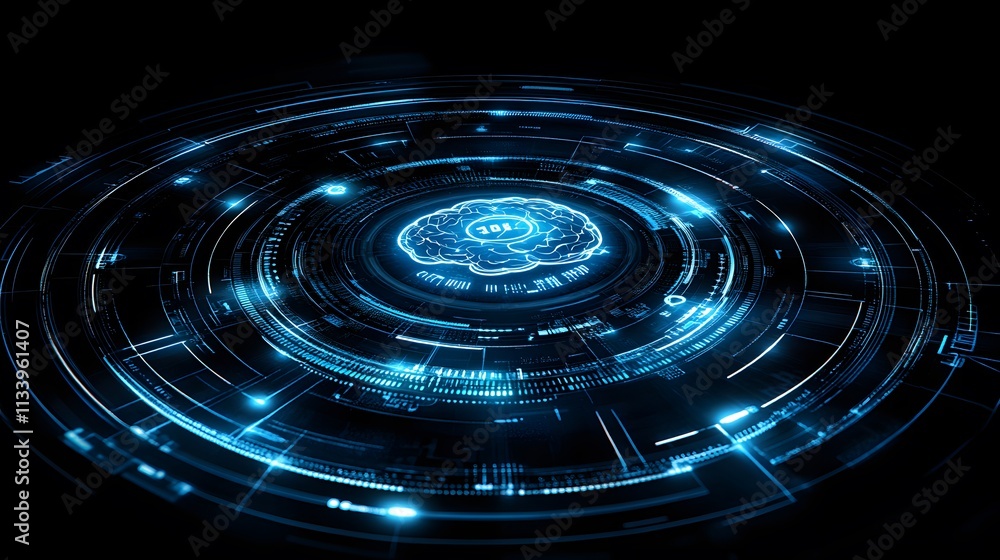 Aufkleber abstract digital brain concept with glowing circular interface.