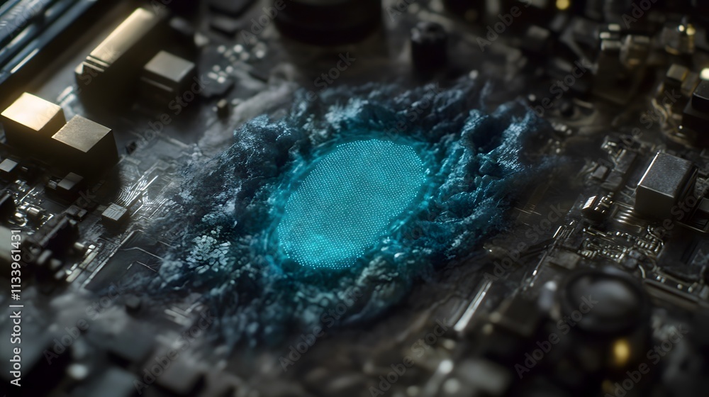 Poster abstract digital chip with glowing cyan core, circuit board texture.