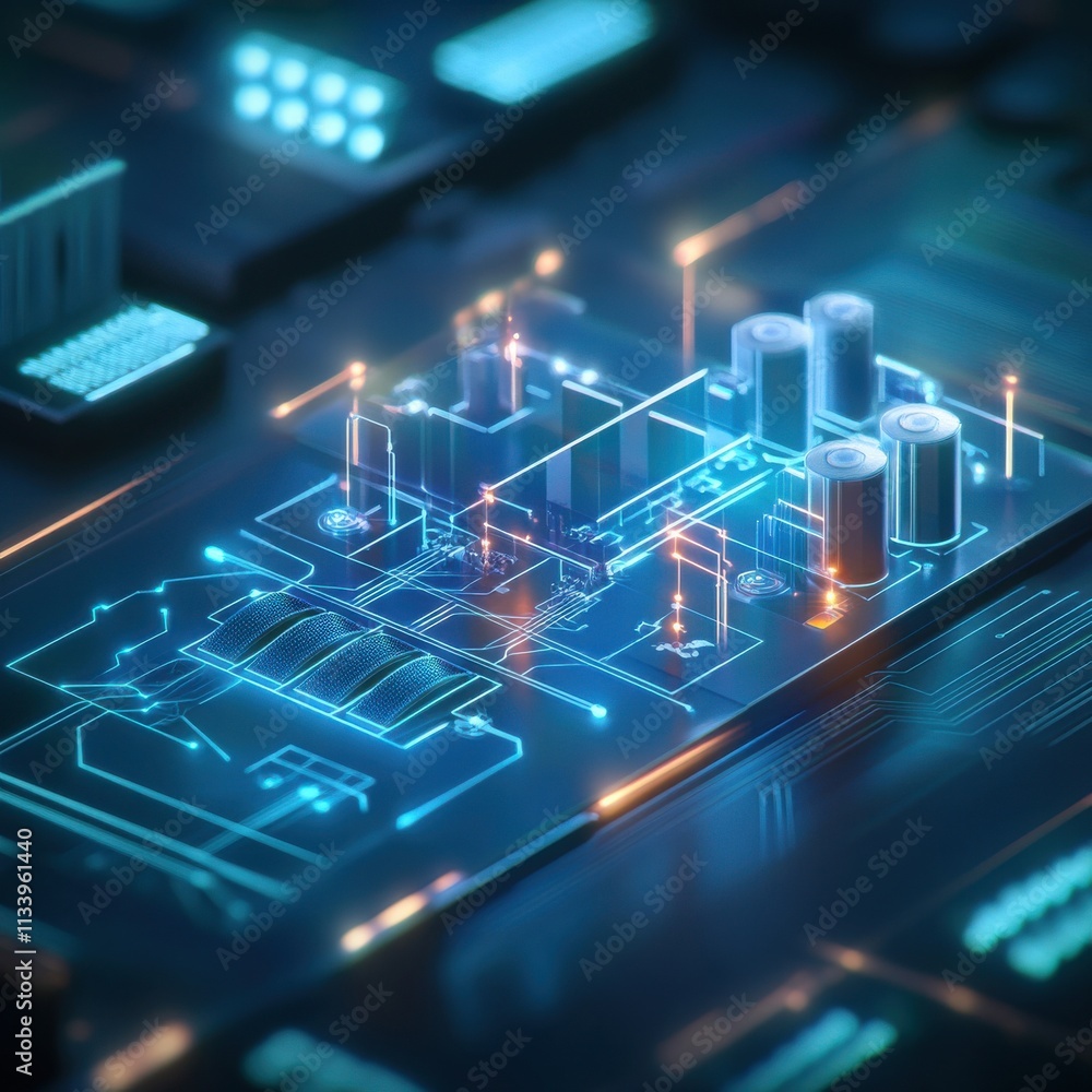 Aufkleber futuristic digital circuit board with glowing elements, high-tech microchips and neon lights creatin