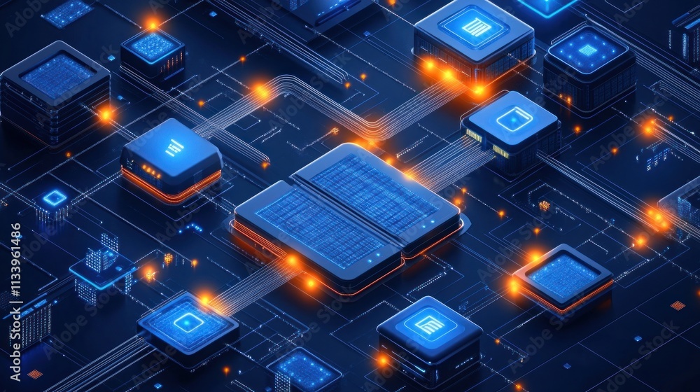 Poster digital data center: futuristic server network