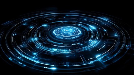 Abstract digital brain concept with glowing circular interface.
