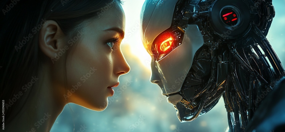 Poster a human and a robot face each other, symbolizing the intersection of technology and humanity.