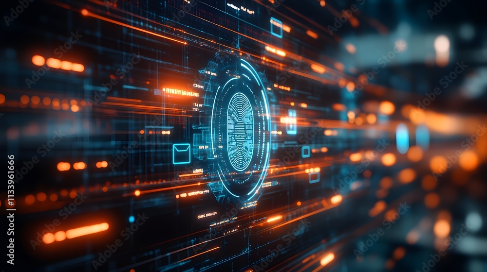 Poster abstract digital data stream with a central security element, showcasing technological flow and prot