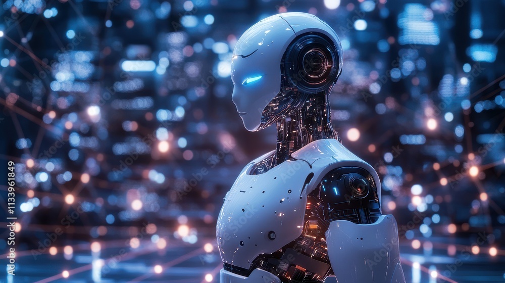 Poster futuristic robot in high-tech environment