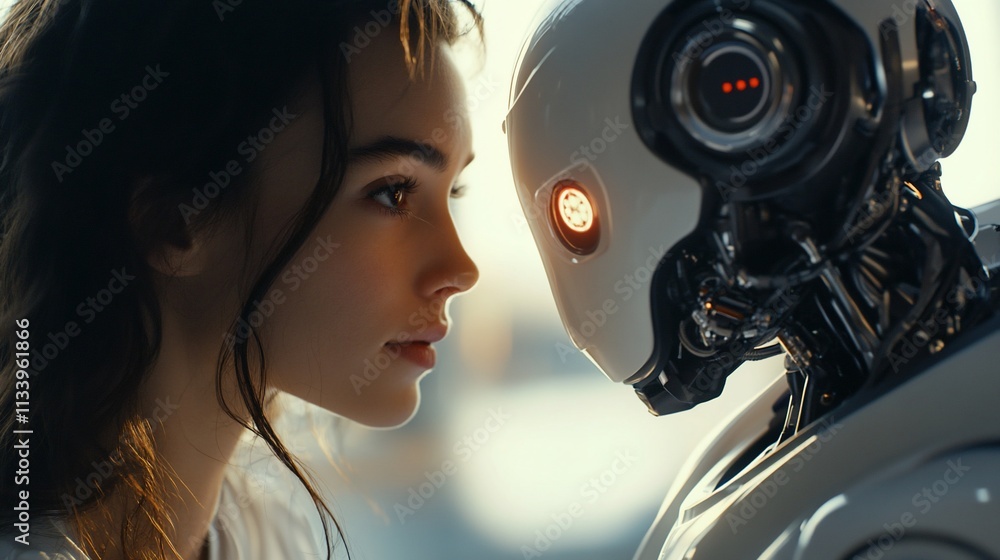 Poster A human and a robot face each other, exploring connection and technology.
