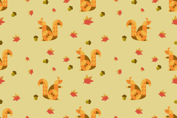 Squirrel with falling leaves wallpaper seamless pattern