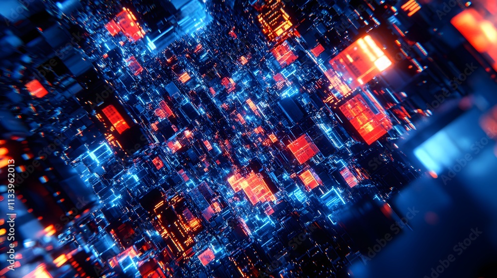 Poster abstract digital landscape with glowing cubes and intricate network.