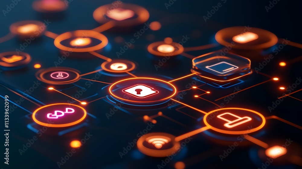 Poster abstract digital network security concept with glowing icons and connections.