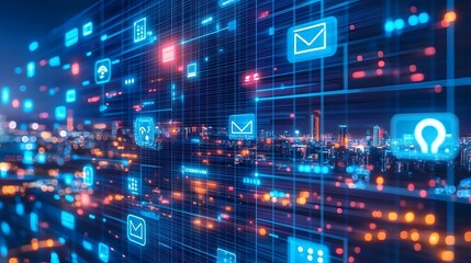 Fototapeta premium Abstract digital network data flow over city skyline at night.