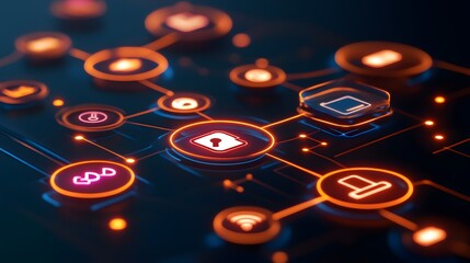 Abstract digital network security concept with glowing icons and connections.