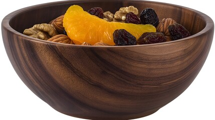 Wooden bowl filled with almonds, walnuts, raisins, and mandarin orange segments.