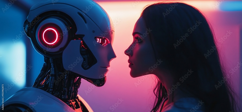 Poster a robot and a woman face each other in a futuristic setting with neon lights.