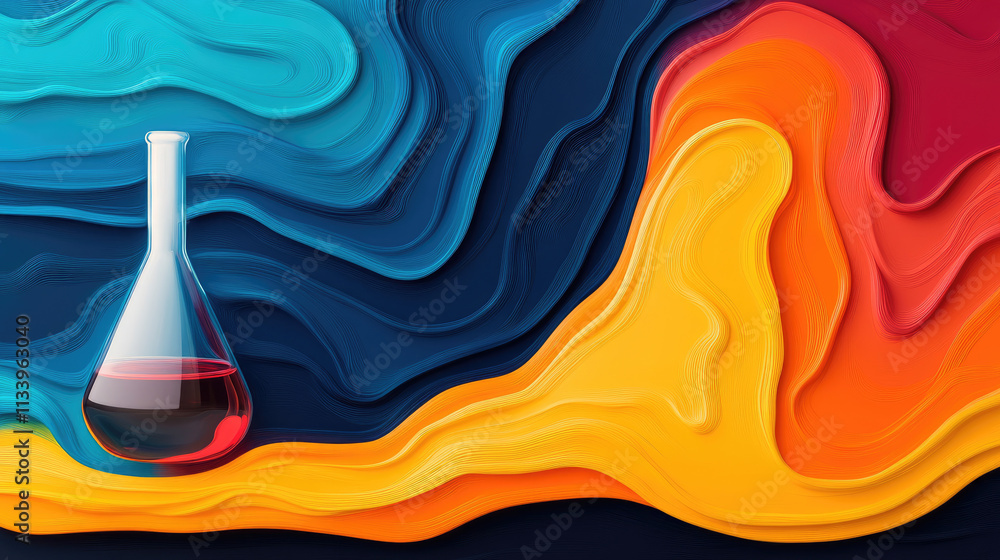 Poster dynamic abstract painting featuring chemistry flasks blending rich colors and textures in a captivat