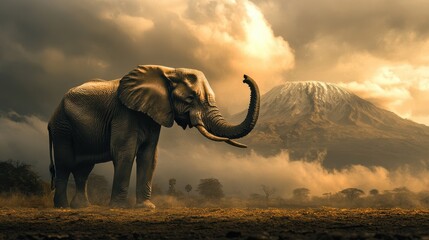 Obraz premium Majestic Elephant Against Mountain Landscape at Sunset