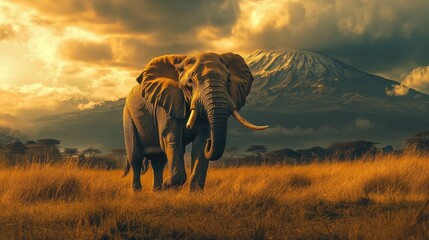 Fototapeta premium Majestic Elephant Against Mountainous Sunset Landscape