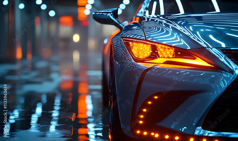 Aufkleber a close-up of a sleek car with illuminated features in a reflective environment.