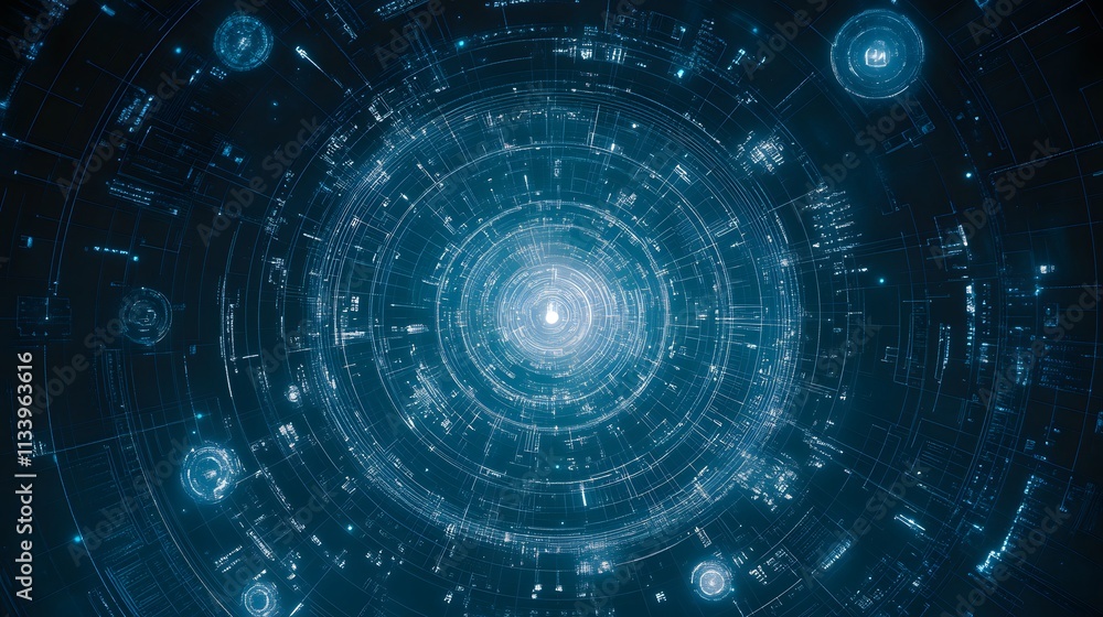 Poster abstract futuristic digital data visualization with glowing concentric circles and hud elements.