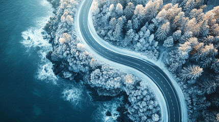 Aerial view of a winding road along a frozen river, surrounded by snow-covered landscape. The blurred background symbolizes chaos and the uncertainty of life's journey, representing both struggle and 
