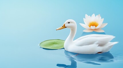 Fototapeta premium Elegant White Duck Swimming Near Lotus Flower on Serene Water