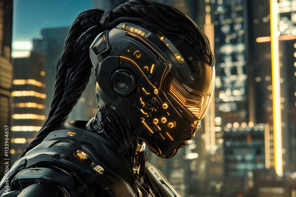 Poster futuristic cybernetic android in urban environment showcasing advanced technology and sleek design u