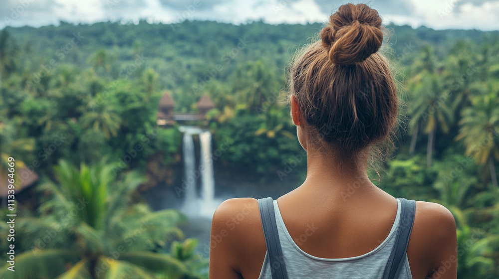 Wall mural female figure gazes at a blurred waterfall in a lush tropical forest, embodying the symbolism of introspection, chaos, and nature's power. The blurred sky reflects a sense of uncertainty and transform