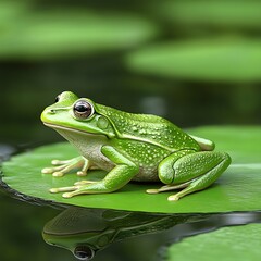 Obraz premium Realistic Green Frog Sitting on Leaf in Tranquil Nature Scene