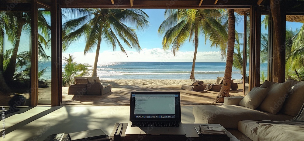 Poster a serene workspace with a view of the beach and palm trees.