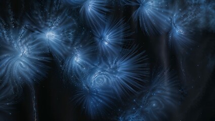 輝く粒子が深い青を舞台に描く未来的で幻想的なデジタルアート背景。生成AI