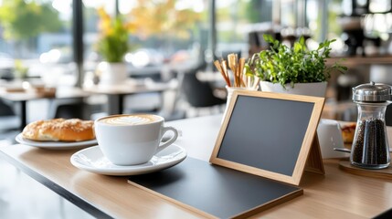 A blank chalkboard menu in a cozy coffee shop, inviting artistic flair and customization.