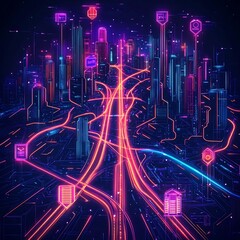 Vibrant Futuristic Cityscape with Glowing Skyscrapers and Neon Roads in Digital Cartographic