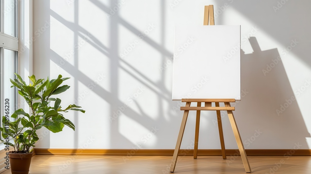Poster a blank canvas resting on an easel in a softly lit studio, radiating creativity and artistic promise