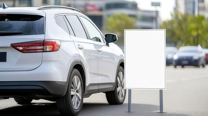 A blank bumper sticker on a car in a busy parking lot, offering advertising potential.