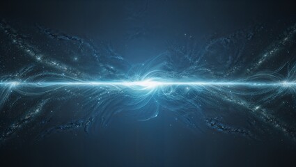 濃い青と輝く粒子が交錯し未来的で魅力的な抽象的デザイン背景。生成AI