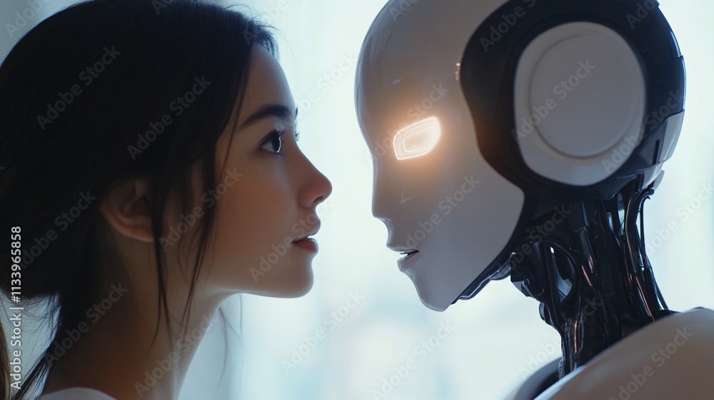 Poster a woman gazes into the face of a humanoid robot, exploring human-robot interaction.