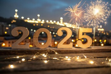 2025 New Year Celebration - Wooden Number Blocks And Golden Fireworks At Eve Night With Abstract Defocused Lights