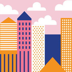 Naklejka premium Vibrant, stylized cityscape featuring diverse colors and geometric shapes.
