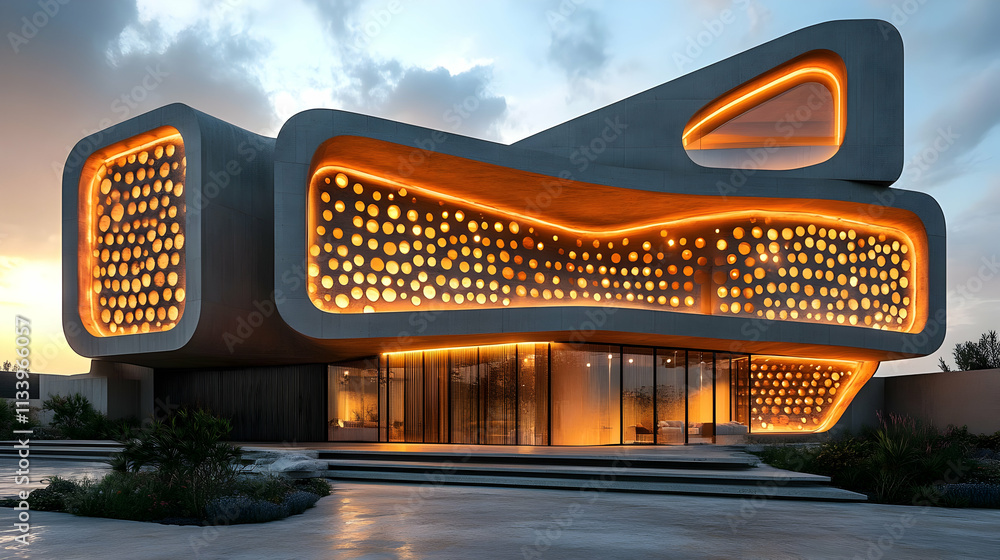 Aufkleber a modern architectural design with illuminated perforated panels and a unique shape.